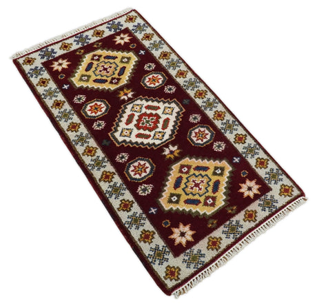 Hallway 2x4 Red and Beige Wool Hand Knotted traditional Persian Vintage Antique Southwestern Kazak | TRDCP29624-Area Rug-Parc Decor