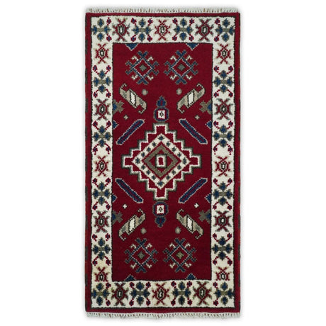 Hallway 2x4 Red and Ivory Wool Hand Knotted traditional Persian Vintage Antique Southwestern Kazak | TRDCP29324-Area Rug-Parc Decor