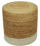 Hand Braided Gold and White Jute Round Pouf
