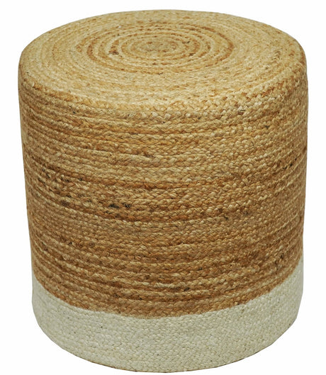 Hand Braided Gold and White Jute Round Pouf