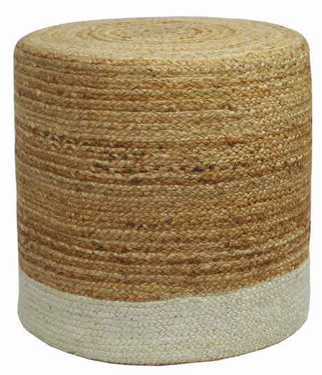 Hand Braided Gold and White Jute Round Pouf