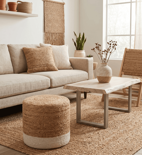 Hand Braided Gold and White Jute Round Pouf