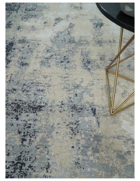 Hand Carved 8x10 Knotted Beige, Silver and Charcoal Modern Abstract Wool And Bamboo Silk Area Rug