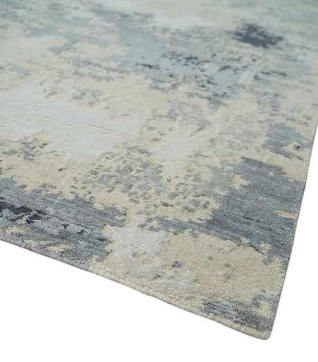 Hand Carved 8x10 Knotted Beige, Silver and Charcoal Modern Abstract Wool And Bamboo Silk Area Rug