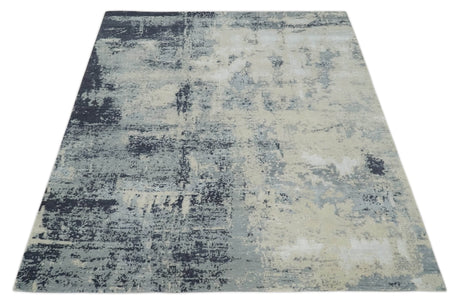 Hand Carved 8x10 Knotted Beige, Silver and Charcoal Modern Abstract Wool And Bamboo Silk Area Rug