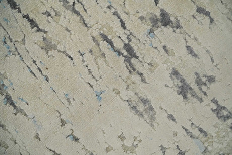 Hand Carved Abstract 8x10 Beige, Charcoal and Blue Hand Knotted Wool and Real Silk Area Rug