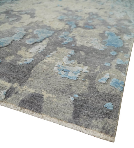 Hand Carved Abstract 8x10 Beige, Charcoal and Blue Hand Knotted Wool and Real Silk Area Rug