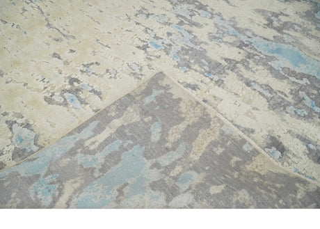 Hand Carved Abstract 8x10 Beige, Charcoal and Blue Hand Knotted Wool and Real Silk Area Rug