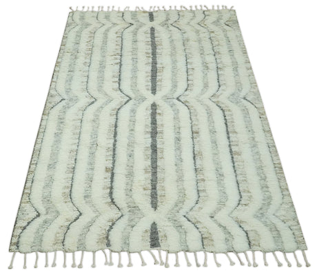Hand Carved Texture Ivory, Gray, Charcoal and Beige Moroccan Style Modern Stripes Design 5x8 wool Area Rug