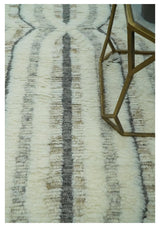 Hand Carved Texture Ivory, Gray, Charcoal and Beige Moroccan Style Modern Stripes Design 5x8 wool Area Rug