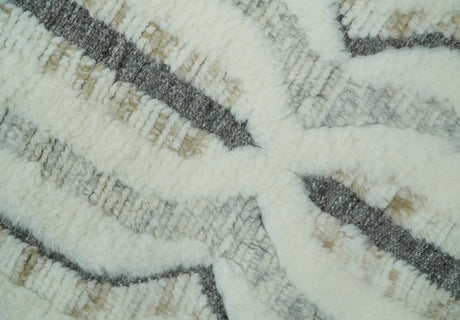 Hand Carved Texture Ivory, Gray, Charcoal and Beige Moroccan Style Modern Stripes Design 5x8 wool Area Rug