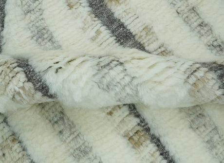 Hand Carved Texture Ivory, Gray, Charcoal and Beige Moroccan Style Modern Stripes Design 5x8 wool Area Rug