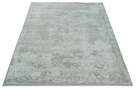 Hand Carved Texture Modern abstract Silver and Gray Hand Knotted 8x10 wool and Art Silk Area Rug