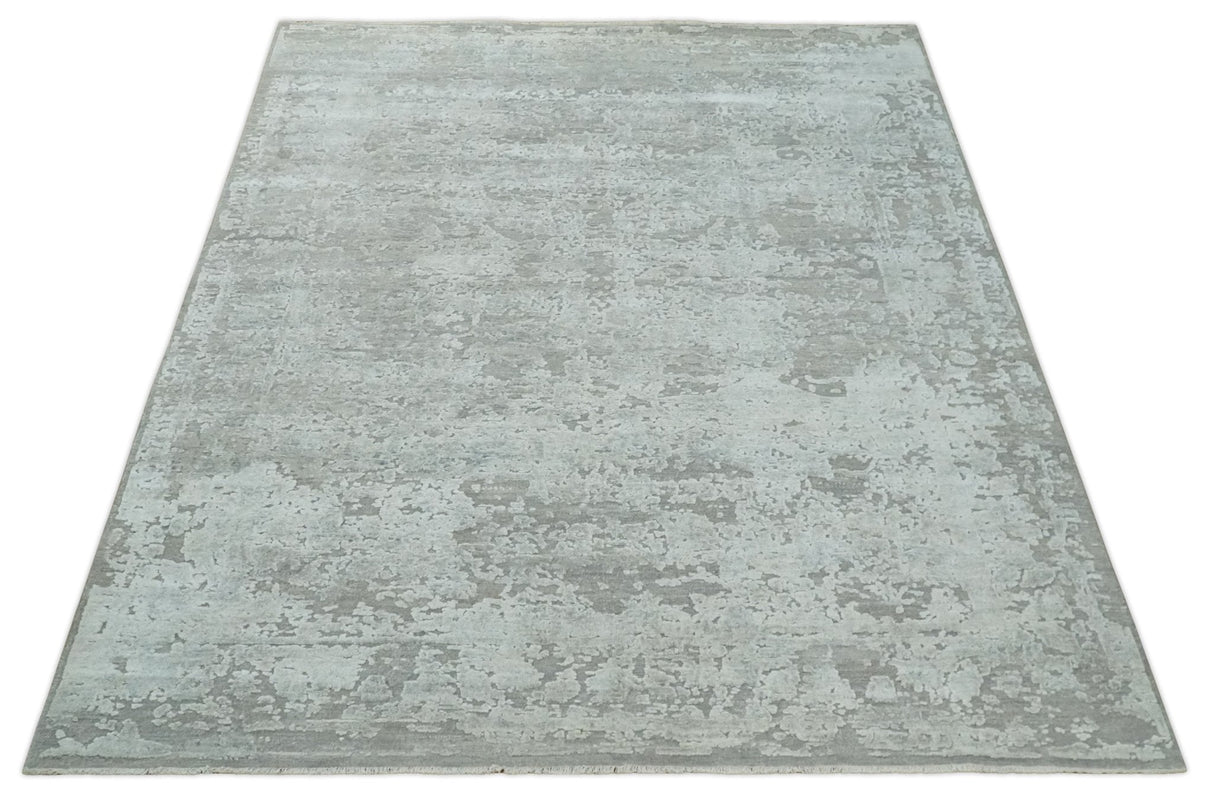 Hand Carved Texture Modern abstract Silver and Gray Hand Knotted 8x10 wool and Art Silk Area Rug-Area Rug-Parc Decor