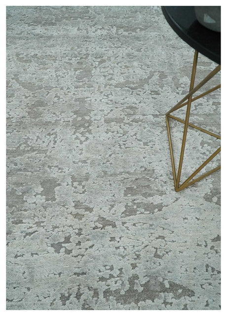 Hand Carved Texture Modern abstract Silver and Gray Hand Knotted 8x10 wool and Art Silk Area Rug-Area Rug-Parc Decor