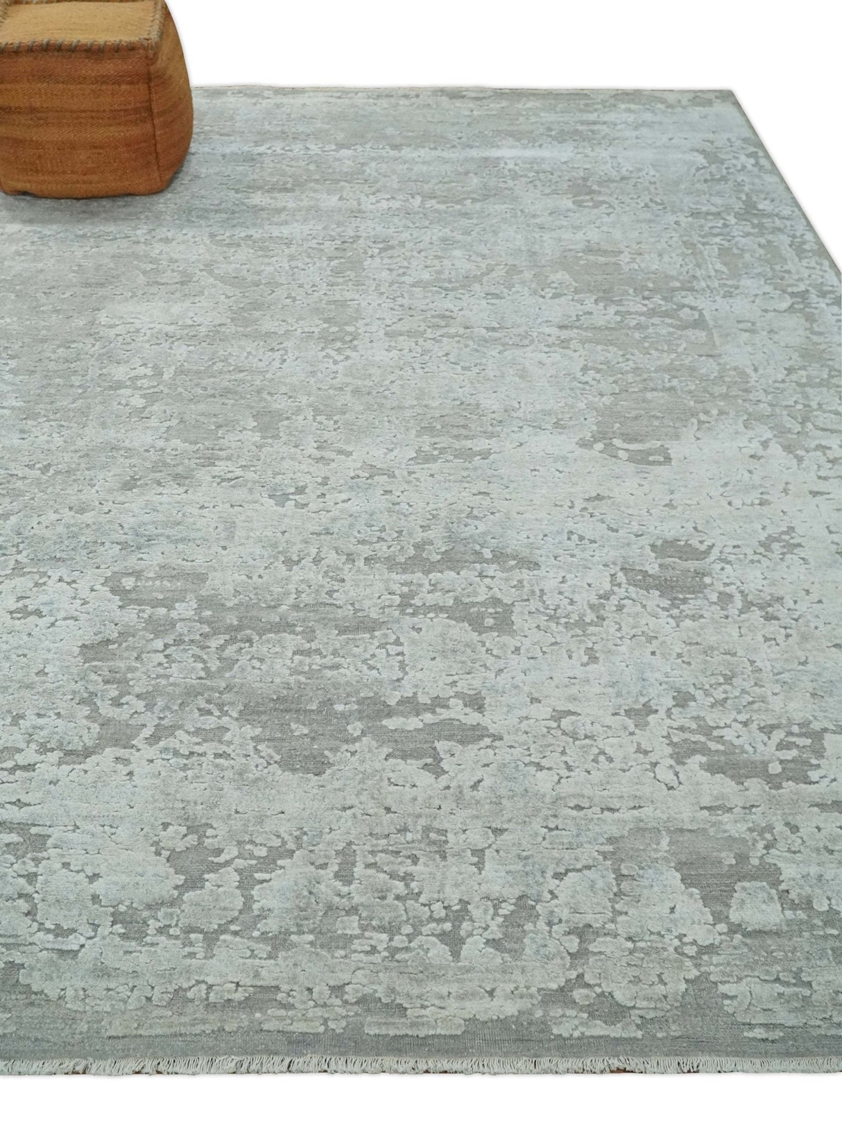 Hand Carved Texture Modern abstract Silver and Gray Hand Knotted 8x10 wool and Art Silk Area Rug-Area Rug-Parc Decor