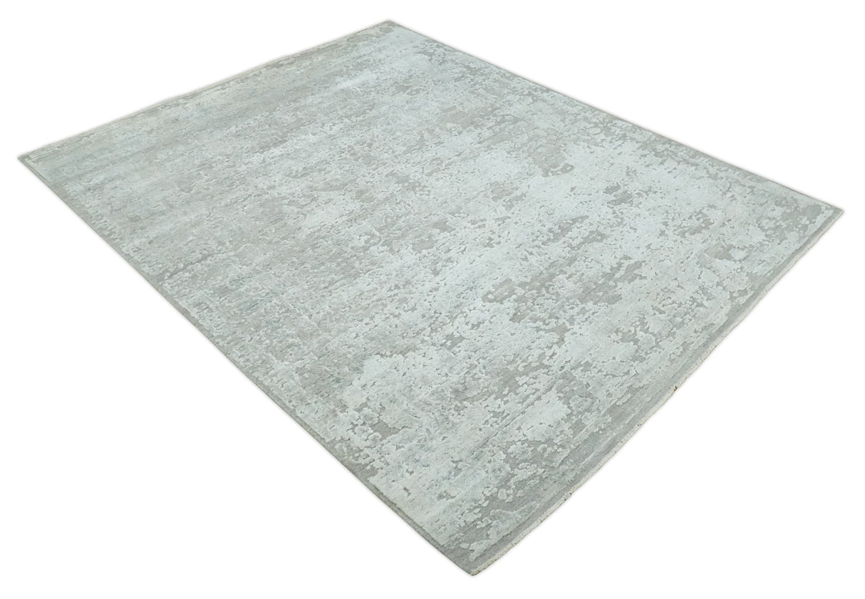 Hand Carved Texture Modern abstract Silver and Gray Hand Knotted 8x10 wool and Art Silk Area Rug-Area Rug-Parc Decor