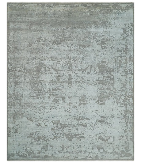 Hand Carved Texture Modern abstract Silver and Gray Hand Knotted 8x10 wool and Art Silk Area Rug-Area Rug-Parc Decor