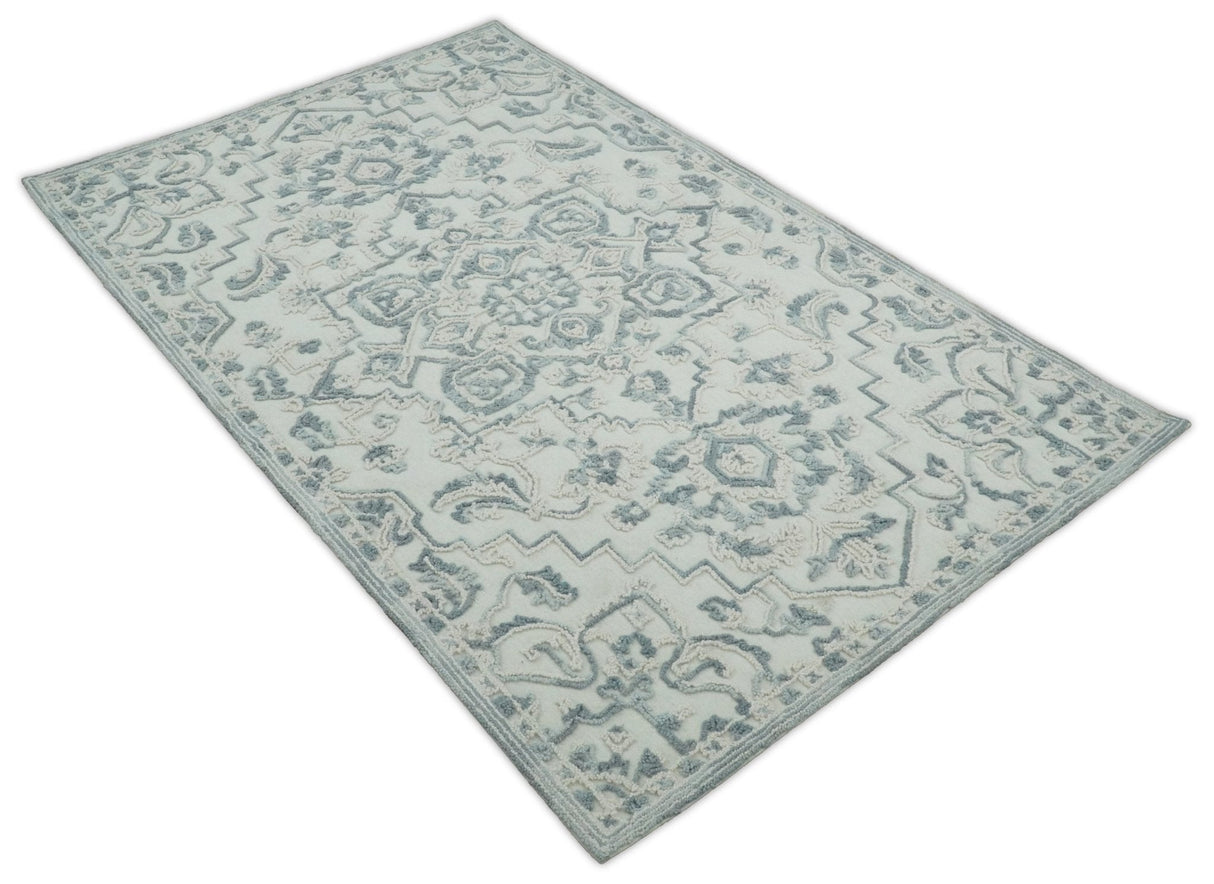 Hand Hooked 5x8 Blue, Silver and White Wool Textured Loop Area Rug | GAR7-Area Rug-Parc Decor