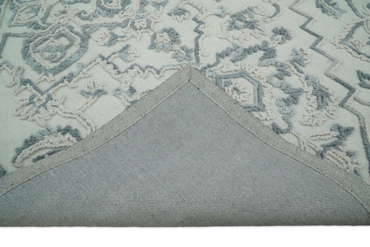 Hand Hooked 5x8 Blue, Silver and White Wool Textured Loop Area Rug | GAR7-Area Rug-Parc Decor