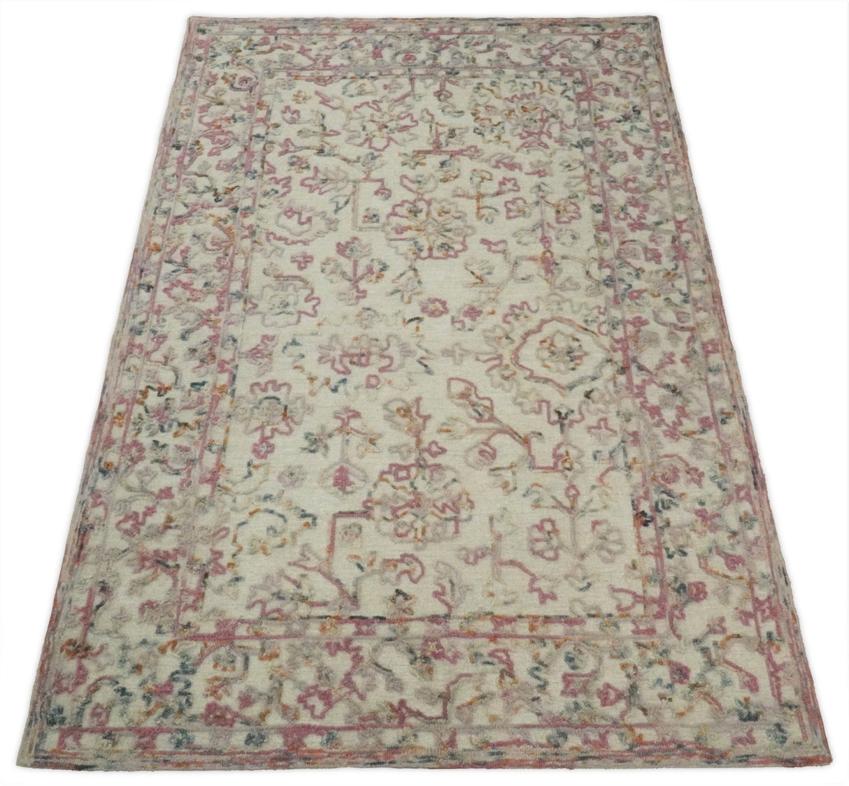 Hand Hooked 5x8 Pink and Beige Wool Textured Loop Area Rug | GAR12-Area Rug-Parc Decor