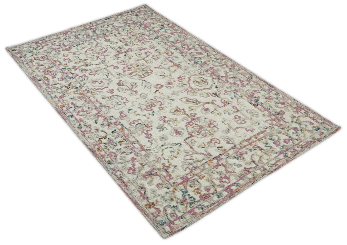 Hand Hooked 5x8 Pink and Beige Wool Textured Loop Area Rug | GAR12-Area Rug-Parc Decor