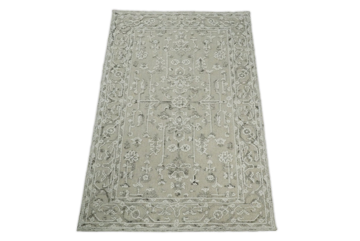 Hand Hooked 5x8 White and Gray Wool Textured Loop Area Rug | GAR9-Area Rug-Parc Decor