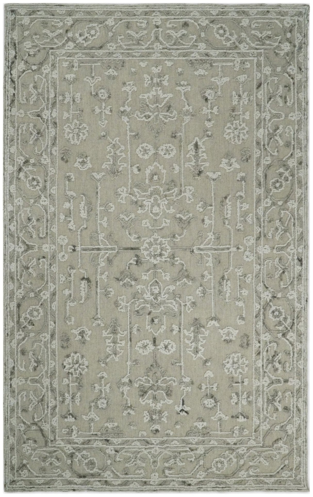 Hand Hooked 5x8 White and Gray Wool Textured Loop Area Rug | GAR9-Area Rug-Parc Decor