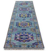 Hand knotted 2.6x10 Purple and Blue transitional geometrical Design Wool Area Rug