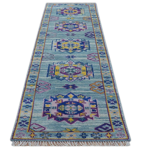 Hand knotted 2.6x10 Purple and Blue transitional geometrical Design Wool Area Rug