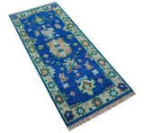 Hand knotted 2.6x6 Blue Traditional Oushak Design Wool Area Rug