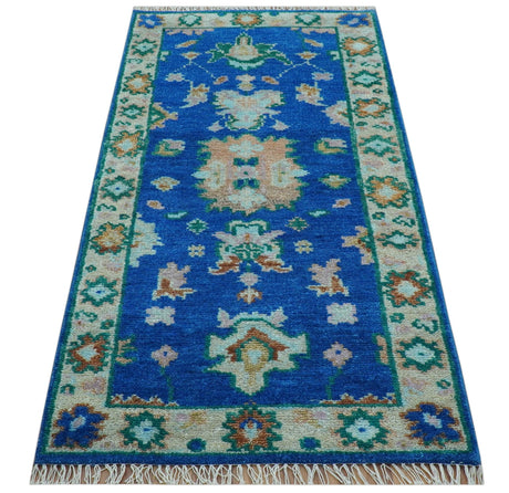 Hand knotted 2.6x6 Blue Traditional Oushak Design Wool Area Rug