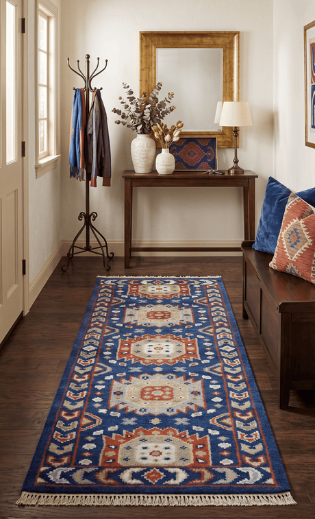 Hand Knotted 2.6x6 Traditional Blue And Rust Wool Runner Rug
