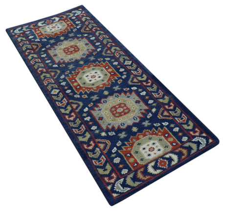 Hand Knotted 2.6x6 Traditional Blue And Rust Wool Runner Rug