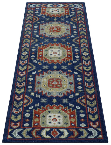 Hand Knotted 2.6x6 Traditional Blue And Rust Wool Runner Rug