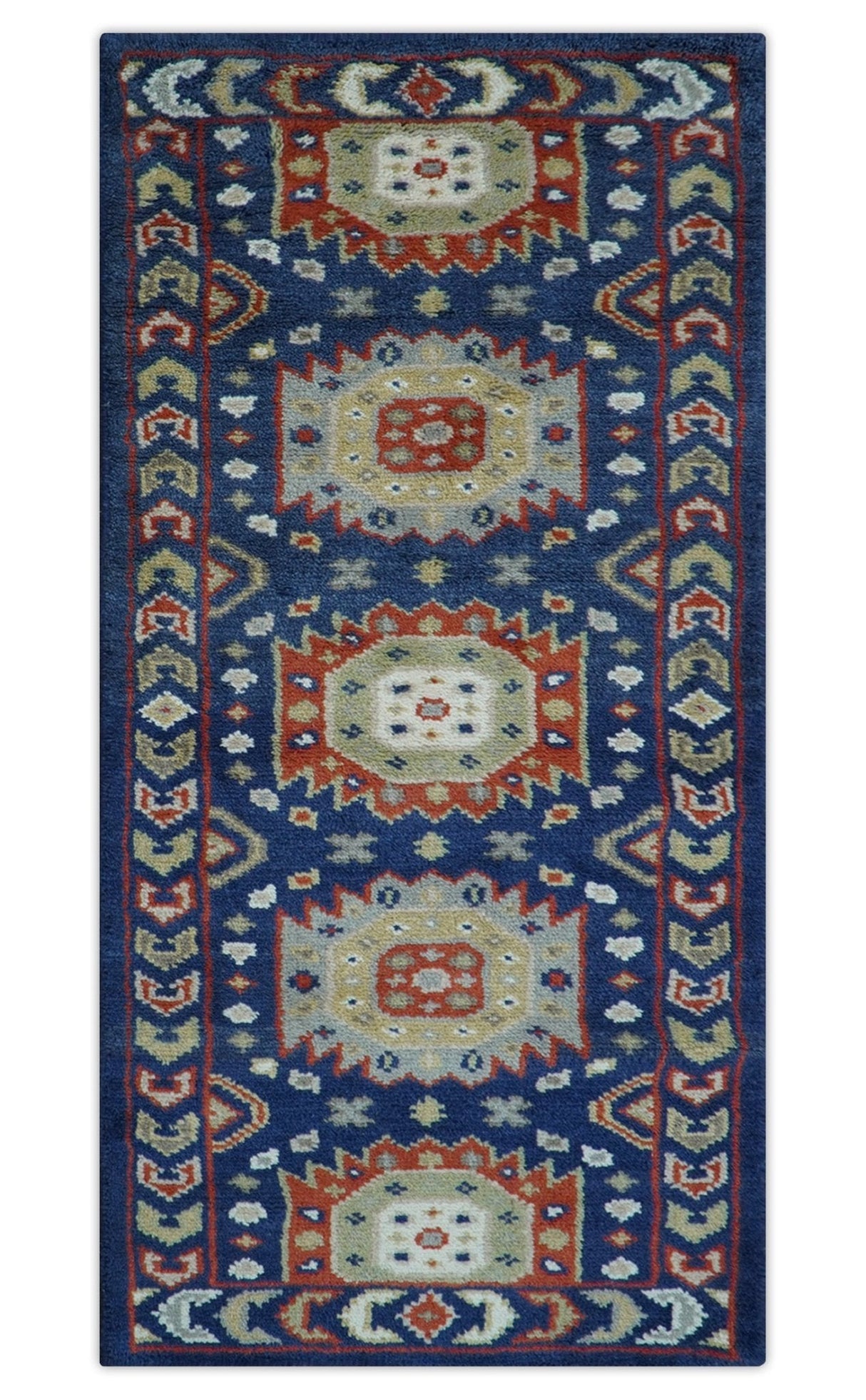 Hand Knotted 2.6x6 Traditional Blue And Rust Wool Runner Rug