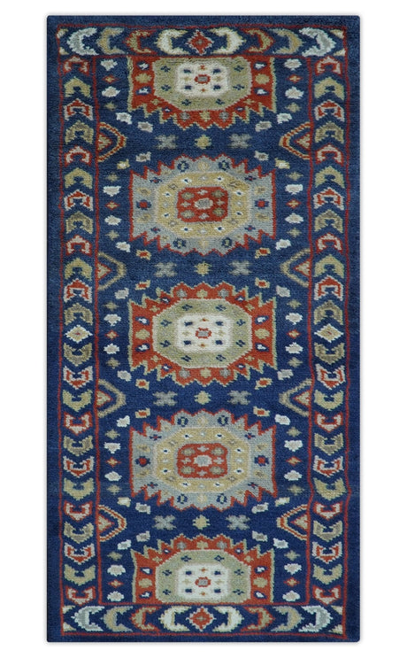 Hand Knotted 2.6x6 Traditional Blue And Rust Wool Runner Rug