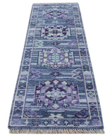 Hand knotted 2.6x8 Purple transitional geometrical Design Wool Area Rug
