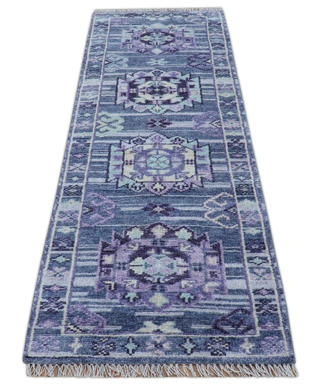 Hand knotted 2.6x8 Purple transitional geometrical Design Wool Area Rug