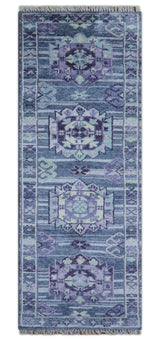 Hand knotted 2.6x8 Purple transitional geometrical Design Wool Area Rug