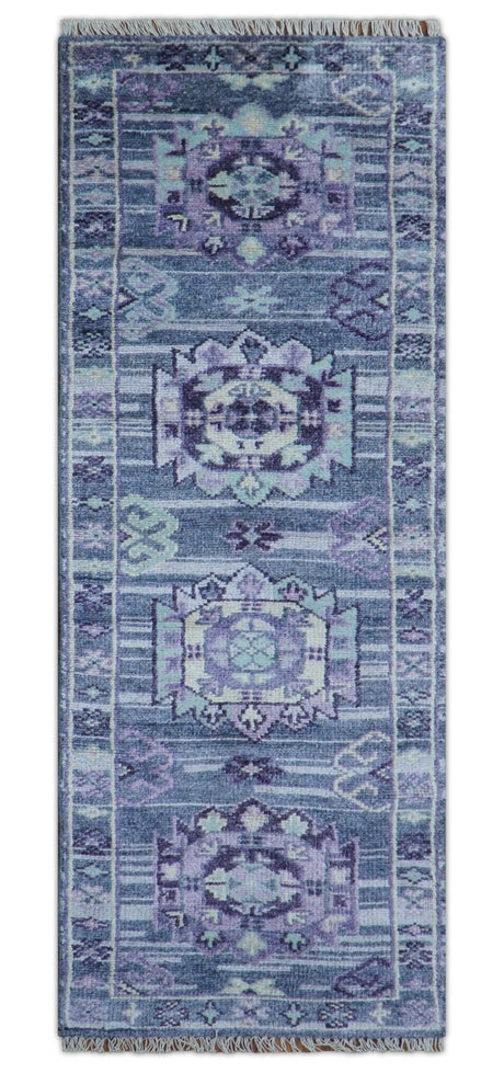 Hand knotted 2.6x8 Purple transitional geometrical Design Wool Area Rug