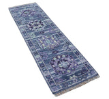 Hand knotted 2.6x8 Purple transitional geometrical Design Wool Area Rug