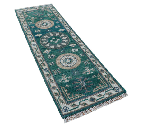 Hand knotted 2.6x8 Teal Traditional Khotan Design Wool Area Rug