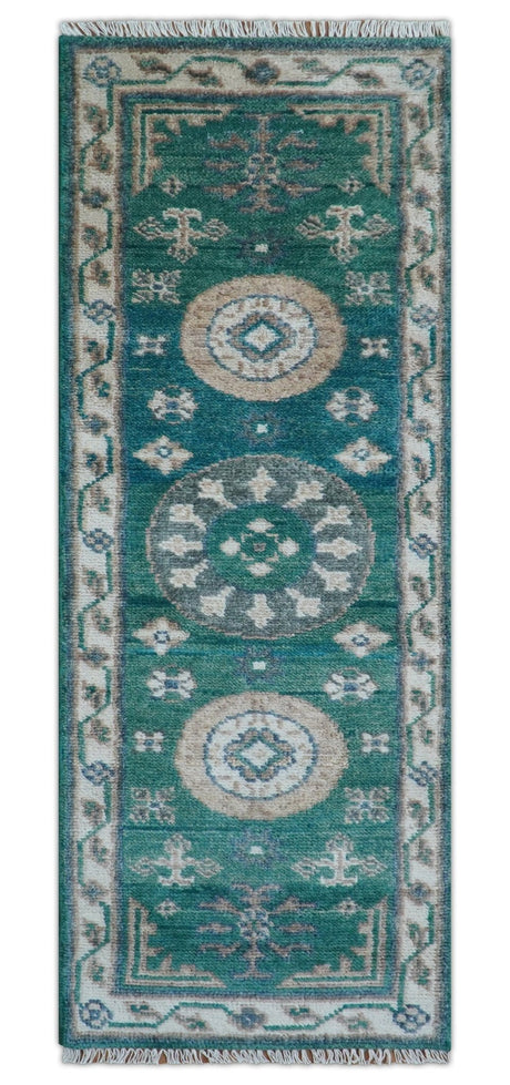 Hand knotted 2.6x8 Teal Traditional Khotan Design Wool Area Rug