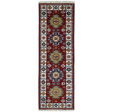 Hand Knotted 2.6x8 Traditional Kazak Red and Ivory Wool Rug