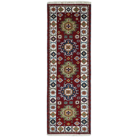 Hand Knotted 2.6x8 Traditional Kazak Red and Ivory Wool Rug