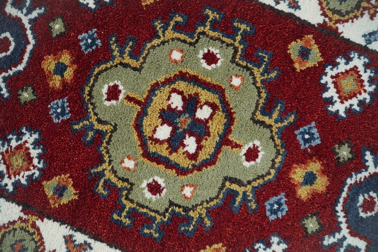 Hand Knotted 2.6x8 Traditional Kazak Red and Ivory Wool Rug