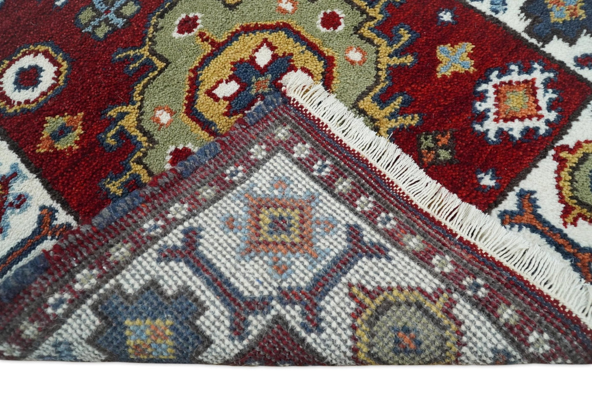 Hand Knotted 2.6x8 Traditional Kazak Red and Ivory Wool Rug
