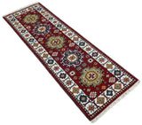 Hand Knotted 2.6x8 Traditional Kazak Red and Ivory Wool Rug
