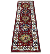 Hand Knotted 2.6x8 Traditional Kazak Red and Ivory Wool Rug